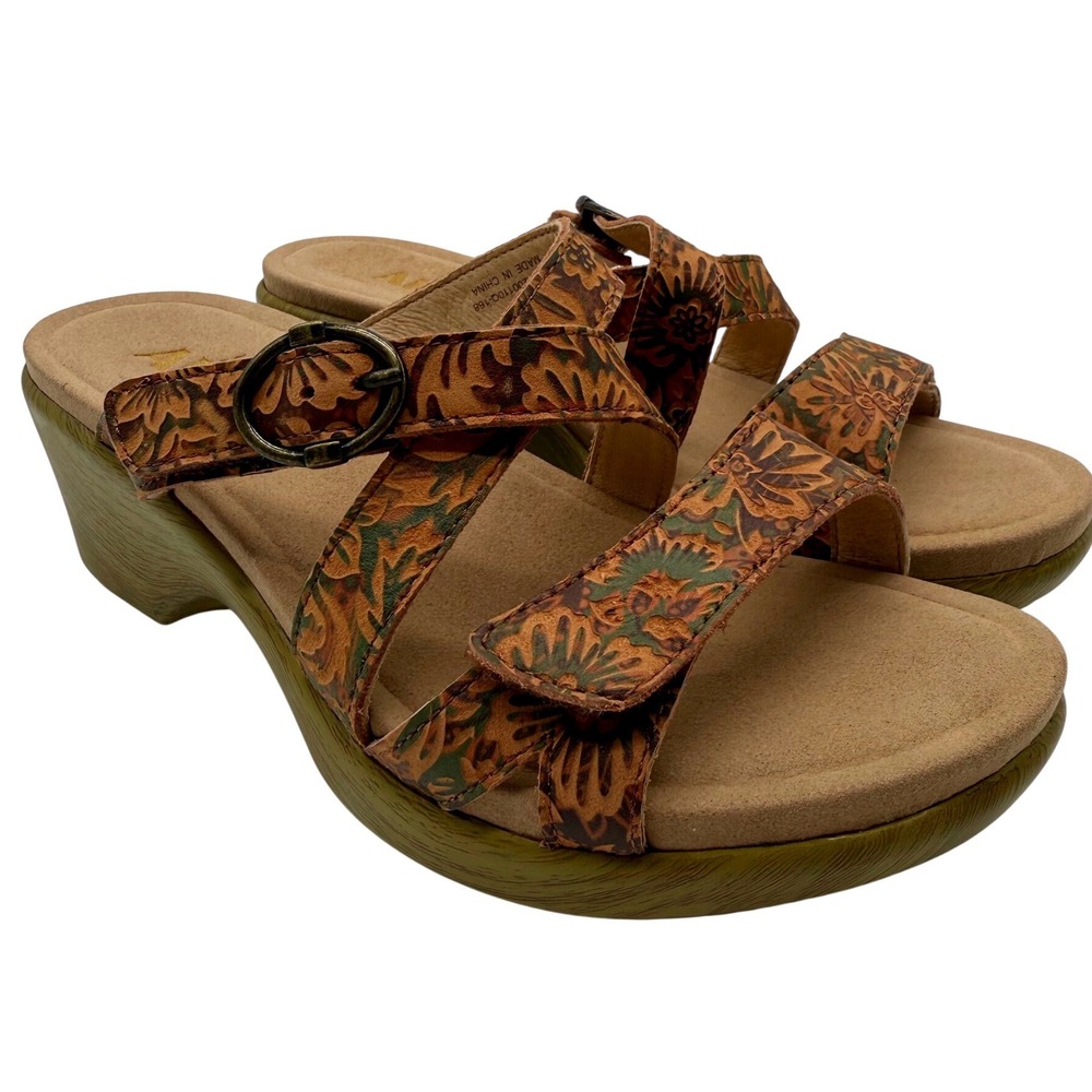 Alegria PG Liteβ ROU-166 Floral Tooled Leather Wedge Sandals Brown Green Size 37